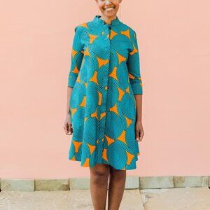 Zuri Kenya Vibrant Orange and Blue Patterned Dress